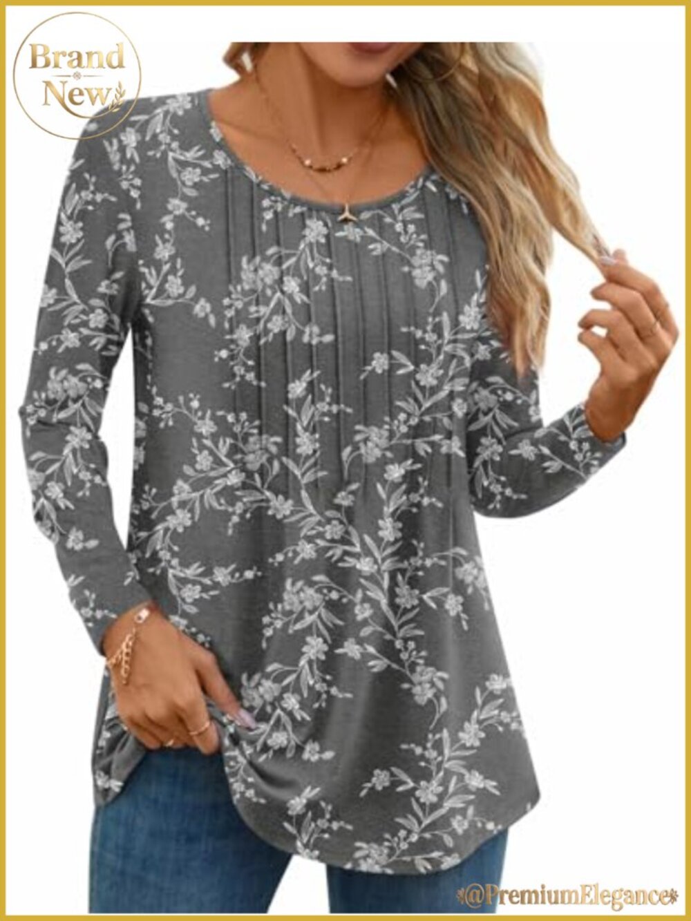 Long Sleeve Pleated Crew Neck Tunic Blouse Casual Dressy Top